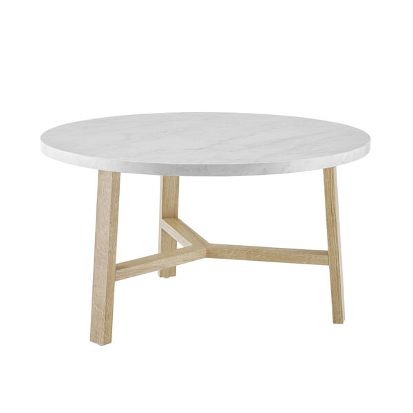 White Marble and Light Oak Round Coffee Table, image 2