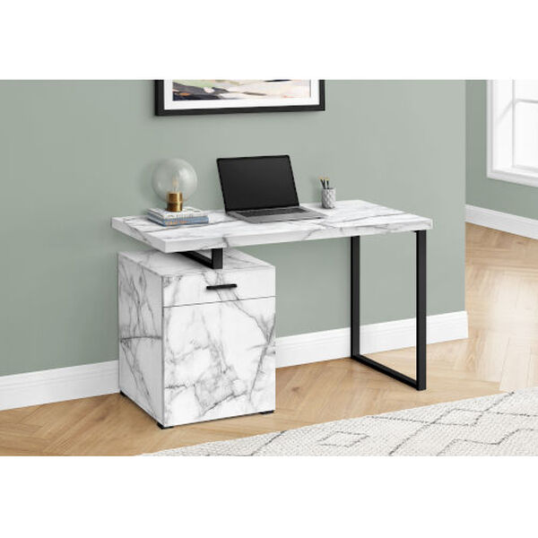 White Marble and Black Computer Desk with Storage Unit, image 2