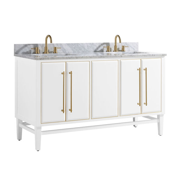 White 61-Inch Bath vanity Set with Gold Trim and Carrara White Marble Top, image 2