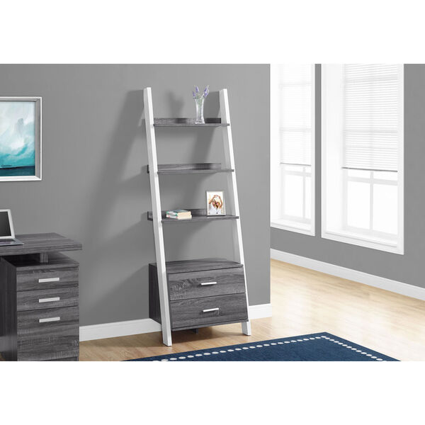Grey-White Ladder Bookcase with 2 Storage Drawer, image 1