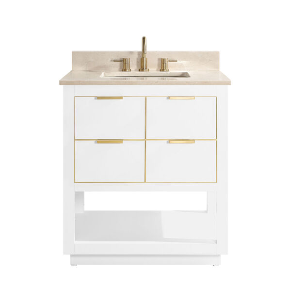 White 31-Inch Bath vanity with Gold Trim and Crema Marfil Marble Top, image 1
