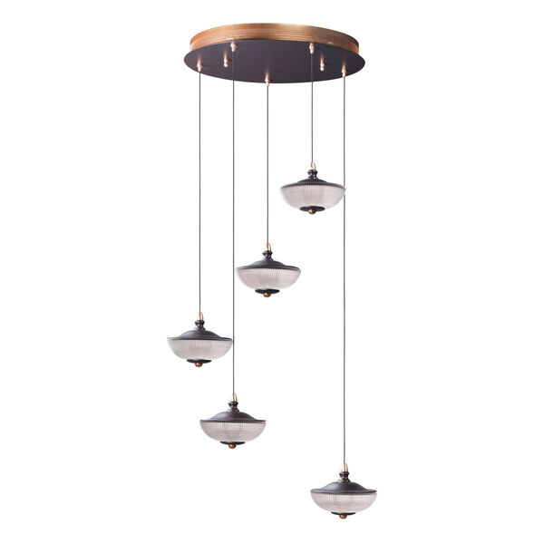Bella Bronze and Gold Five-Light LED Multi-Light Pendant With Prismatic Clear Glass, image 1