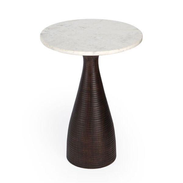 Julia Brown and White Pedestal End Table with Marble Top, image 2