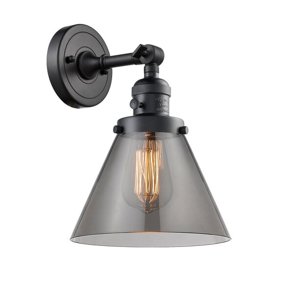 Large Cone Matte Black One-Light Wall Sconce with Smoked Glass, image 1