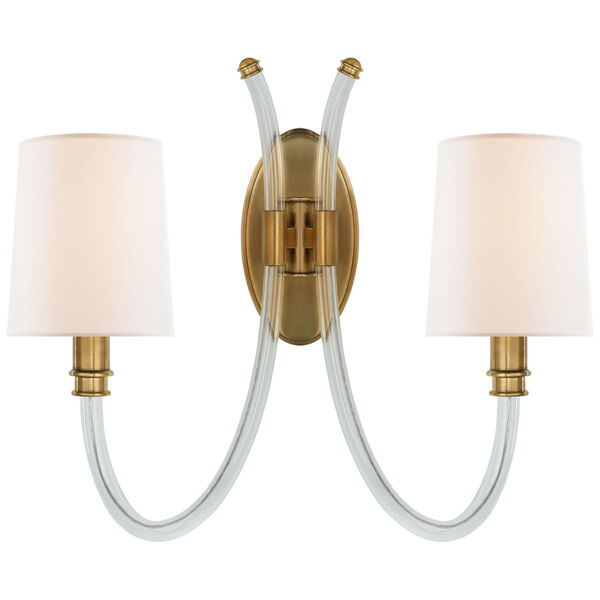Clarice Double Sconce in Crystal and Antique-Burnished Brass with Linen Shades by Julie Neill, image 1
