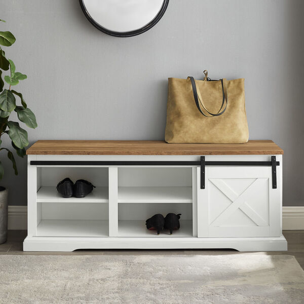 White and Barnwood Entry Bench with Storage, image 3