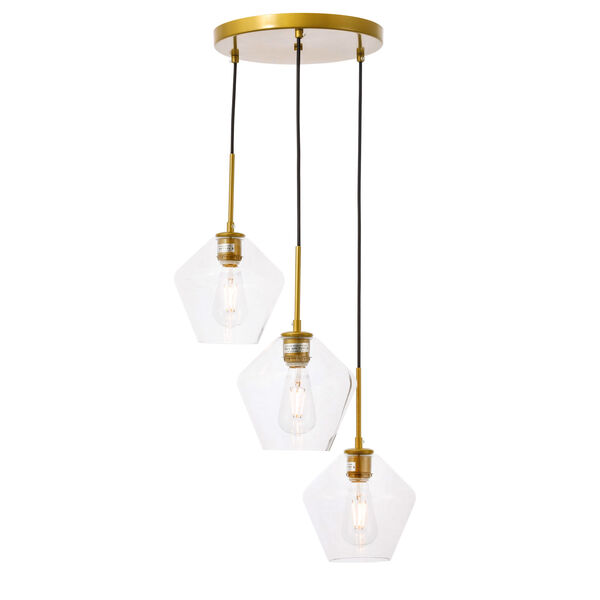 Gene Brass 18-Inch Three-Light Pendant with Clear Glass, image 6
