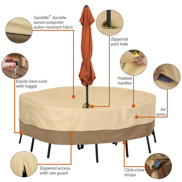 Ash Beige and Brown 94-Inch Round Patio Table and Chair Set Cover with Umbrella Hole, image 2