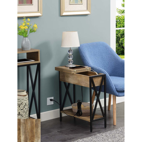 Tucson Weathered Barnwood and Black Flip Top End Table with Charging Station and Shelf, image 4