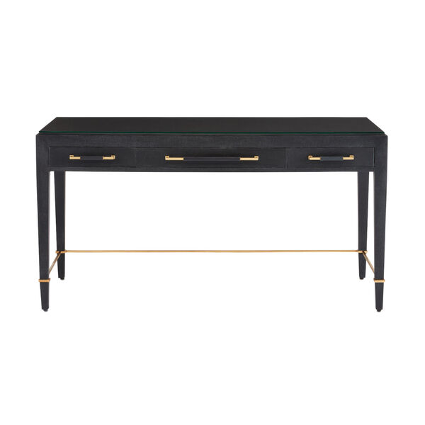 Verona Black Lacquered Linen and Champagne Metal Large Desk, image 1