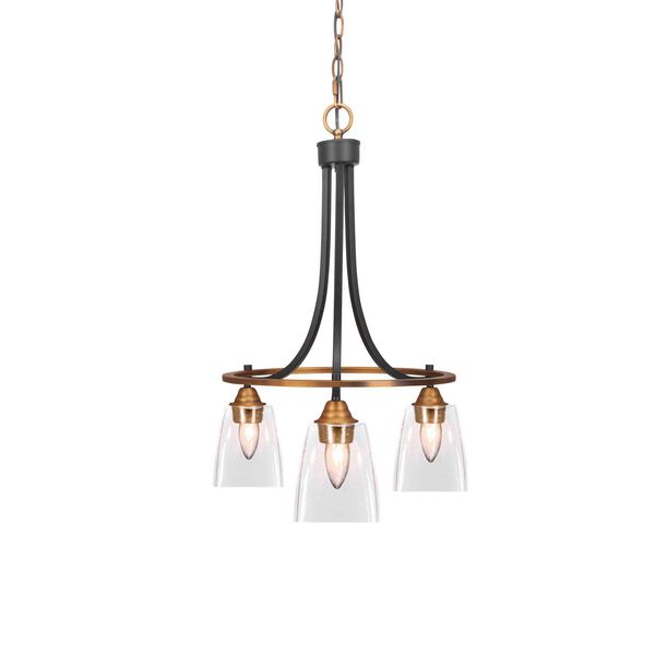 Paramount Matte Black Brass Three-Light Downlight Chandelier with Clear Bell Bubble Glass, image 1
