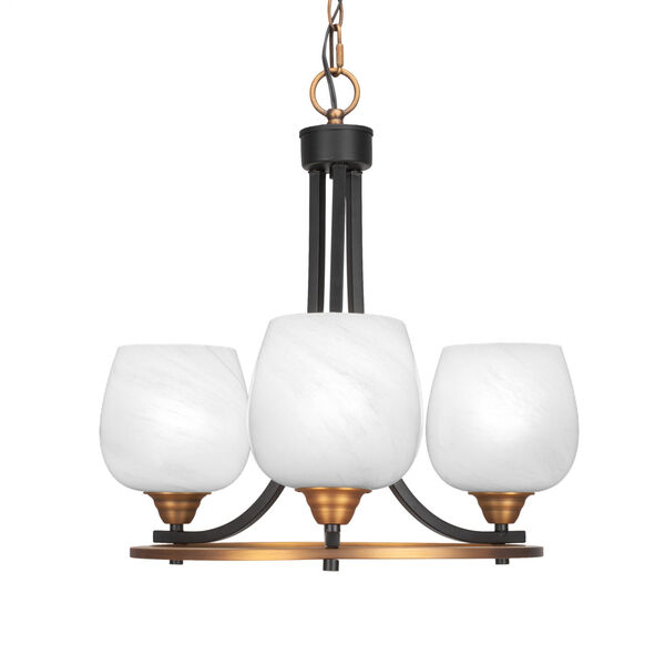 Paramount Matte Black and Brass Three-Light Chandelier with White Marble Glass, image 1