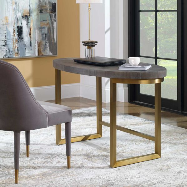 Taja Brushed Brass and Walnut Oval Desk, image 1