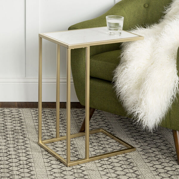Faux White Marble and Gold C-Side Table with Metal Base, Set of Two, image 2