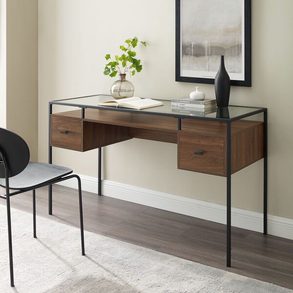 Fulton Dark Walnut and Black Two Drawer Desk with Glass Top, image 6
