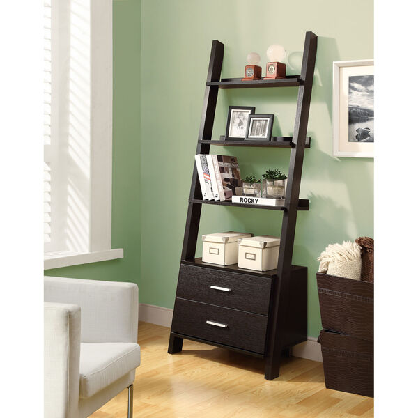 Bookcase - 69H / Cappuccino Ladder w/ 2 Storage Drawers, image 1