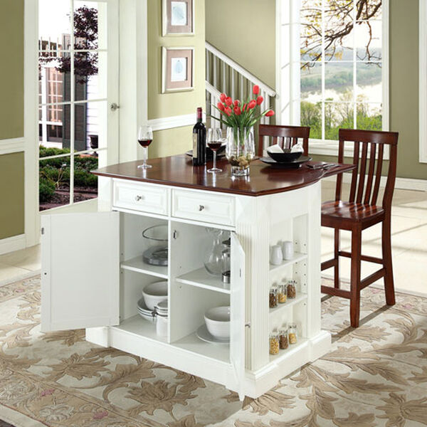 Drop Leaf Breakfast Bar Top Kitchen Island in White Finish with 24-Inch Cherry School House Stools, image 4