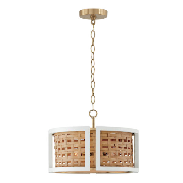 Lola Flat White and Matte Brass Four-Light Semi-Flush or Pendant Made with Handcrafted Mango Wood and Rattan, image 2