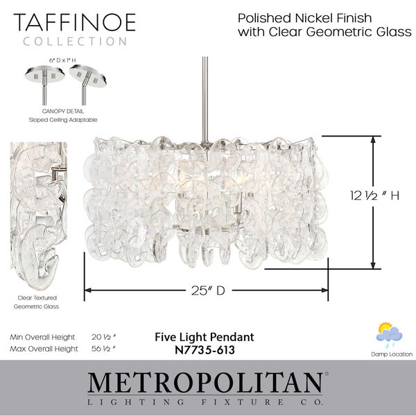 Taffinoe Polished Nickel Five-Light Geometric Glass Pendant, image 2