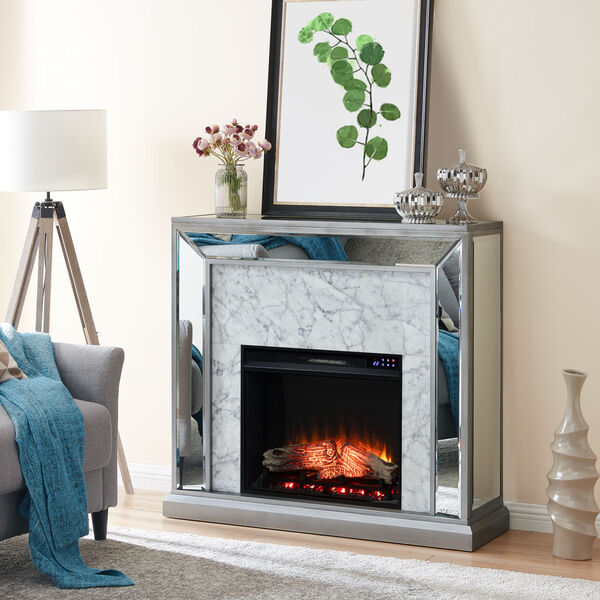 Trandling Antique Silver Mirrored Faux Marble Electric Fireplace, image 4