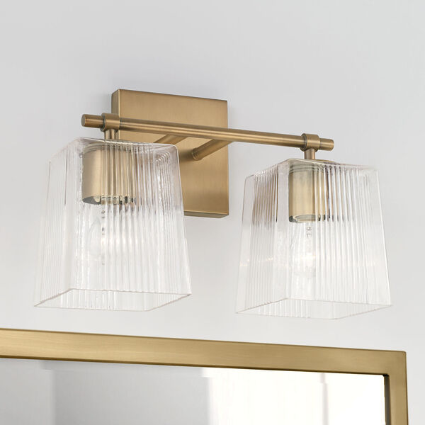 Lexi Aged Brass Two-Light Bath Vanity with Clear Fluted Square Glass Shades, image 3