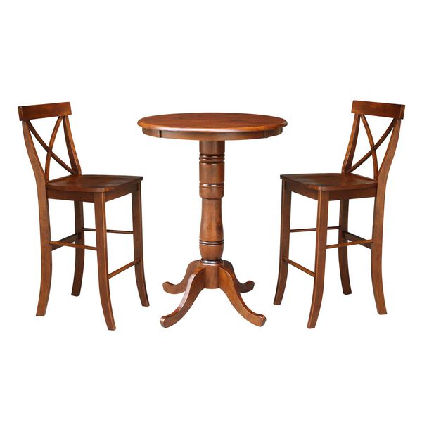 Espresso 30-Inch Round Pedestal Bar Height Table with Stools, 3-Piece, image 1
