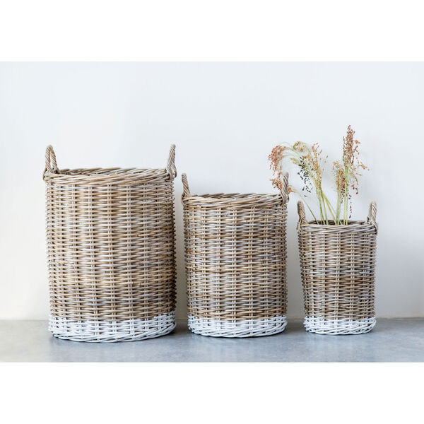 Shoreline Rattan Baskets with White Dipped Base and Handles - Set of 3, image 1