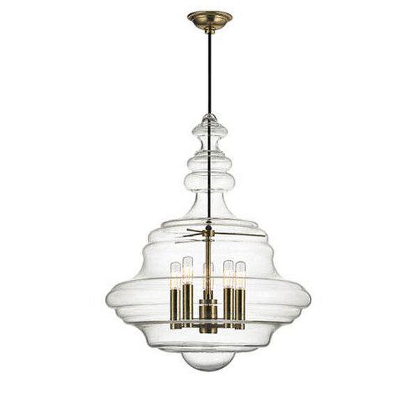 Zoe Aged Brass Five-Light Pendant with Clear Glass, image 1