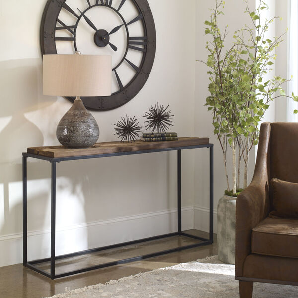 Holston Satin Black and Natural Salvaged Wooden Console Table, image 1