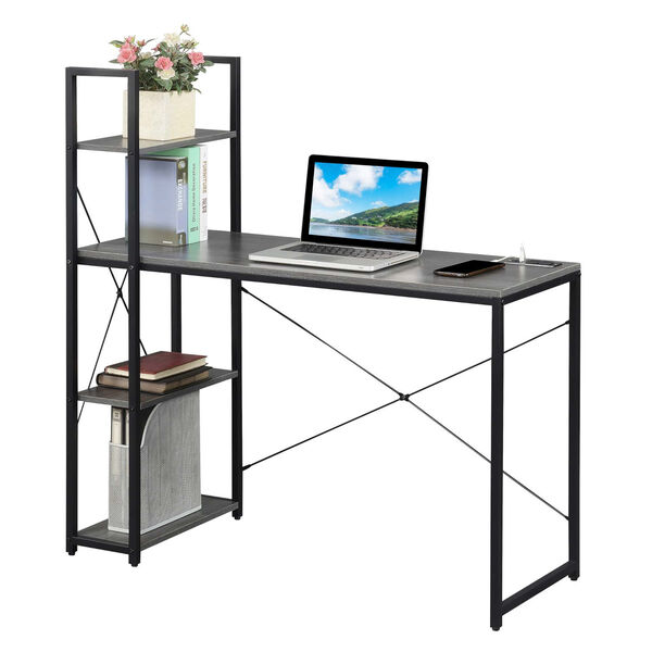 Designs2Go Charcoal Gray Black Office Workstation with Charging Station and Shelves, image 2