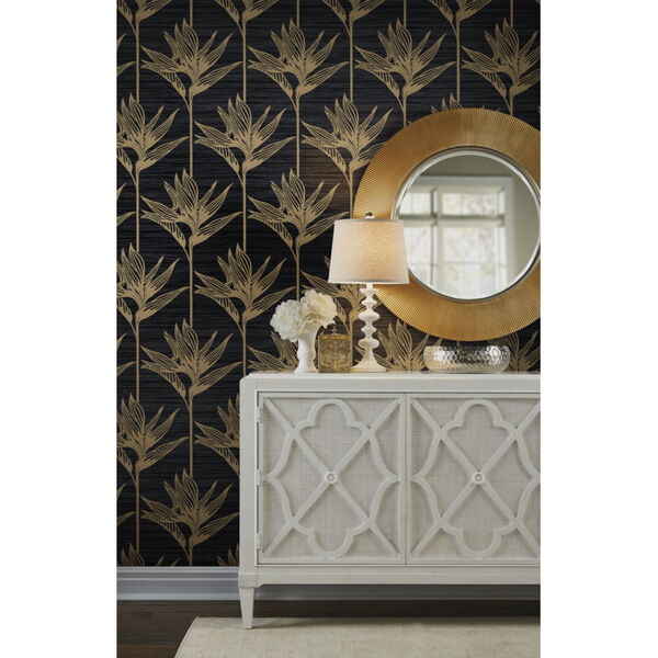 Tropics Black Gold Bird of Paradise Pre Pasted Wallpaper - SAMPLE SWATCH ONLY, image 1