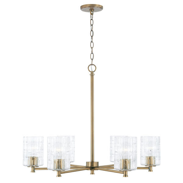 Emerson Aged Brass Six-Light Chandelier with Embossed Seeded Glass, image 1