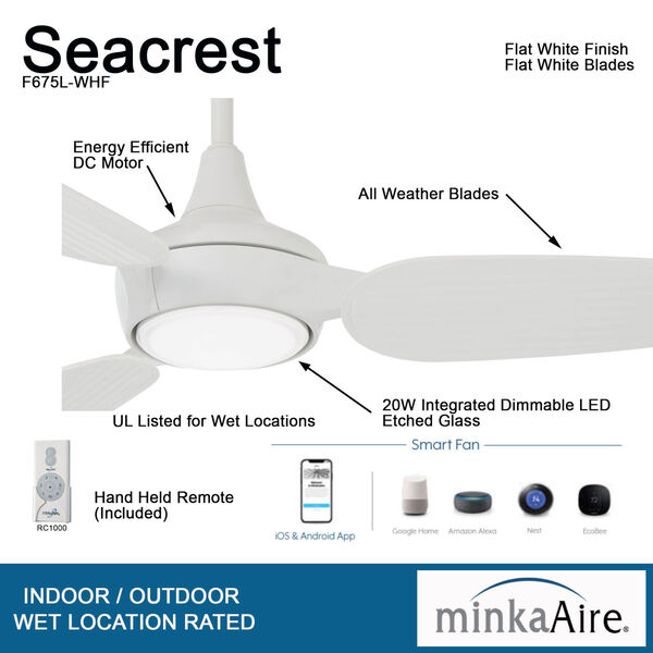Seacrest Flat White 60-Inch Indoor Outdoor LED Ceiling Fan, image 3