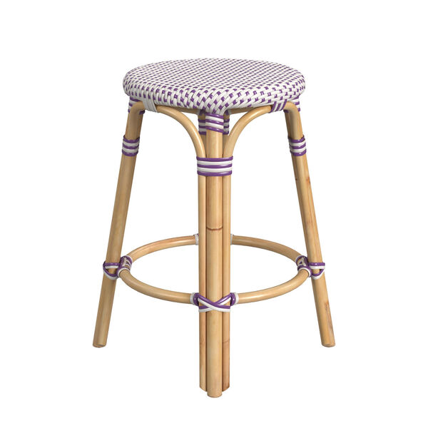 Tobias White and Purple Dot on Natural Rattan Counter Stool, image 4