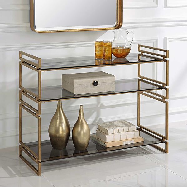 Stacked Up Smoked Gray Antiqued Gold Glass Console Table, image 4