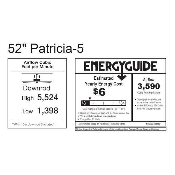 Patricia-5 Matte Black and Matte White 52-Inch Ceiling Fan with LED Light Kit, image 2
