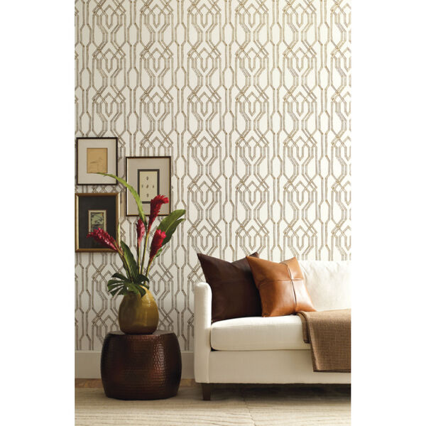 Ronald Redding Tea Garden White and Gold Oriental Lattice Wallpaper, image 5