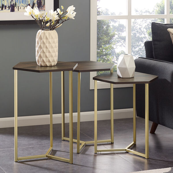 Dark Walnut and Gold Nesting Tables, Set of 3, image 1