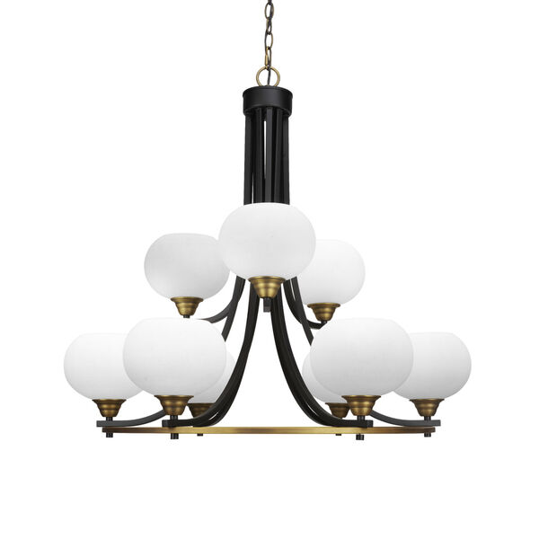 Paramount Matte Black and Brass 28-Inch Nine-Light Chandelier with White Muslin Glass Shade, image 1