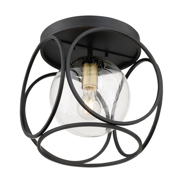 Aurora Black and Vintage Brass One-Light Flush Mount with Clear Seeded Glass, image 1