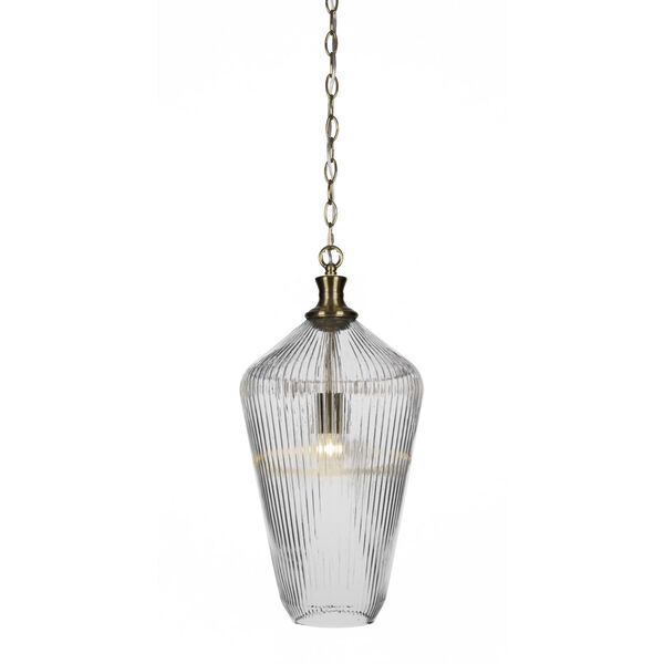 Carina New Age Brass One-Light 20-Inch Chain Hung Pendant with Clear Ribbed Glass, image 1