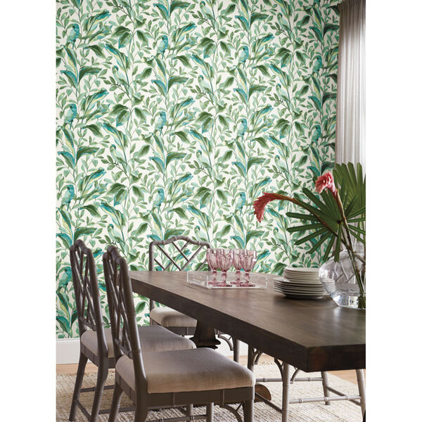 Tropics White Aqua Tropical Love Birds Pre Pasted Wallpaper - SAMPLE SWATCH ONLY, image 6