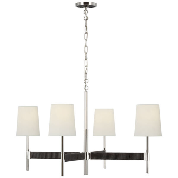 Elle Large Chandelier in Polished Nickel and Black Rattan with Linen Shades by Suzanne Kasler, image 1