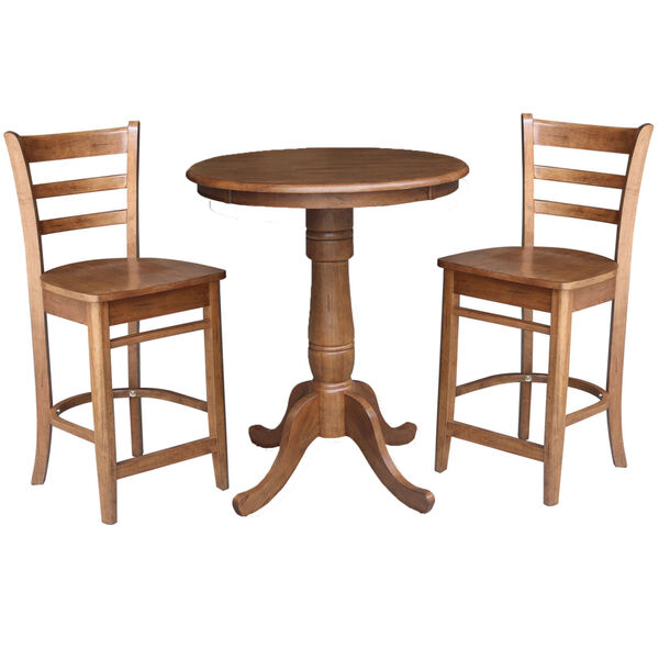 Emily Distressed Oak 30-Inch Round Top Pedestal Table with Two Counter Height Stool, Set of Three, image 3