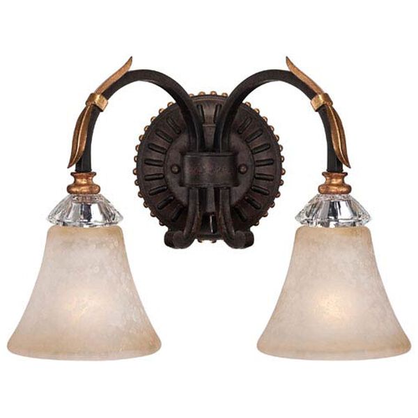 Bella Cristallo French Bronze with Gold Leaf Highlights Two-Light Bath Fixture, image 1