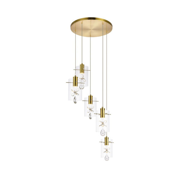 Hana Gold 19-Inch Five-Light LED Pendant with Royal Cut Clear Crystal, image 1