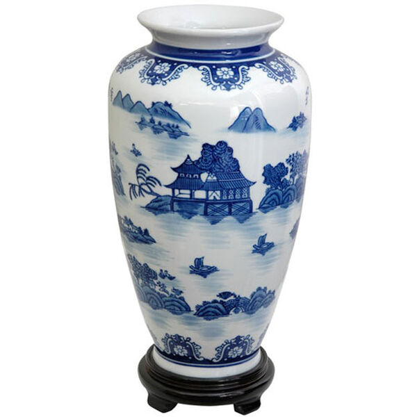 14 Inch Porcelain Tung Chi Vase Blue and Gray Landscape, Width - 8 Inches, image 1