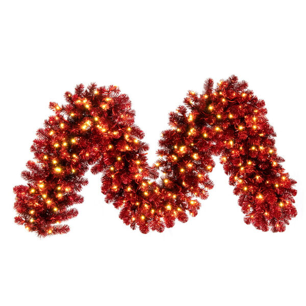 Red 9 Ft. x 18 In. Artificial Deluxe Tinsel Christmas Garland with Warm White Wide Angle Mini Lights, image 1