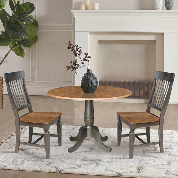 Hickory Washed Coal Round Dual Drop Leaf Dining Table with Two Slatback Chairs, 3 Piece Set, image 3