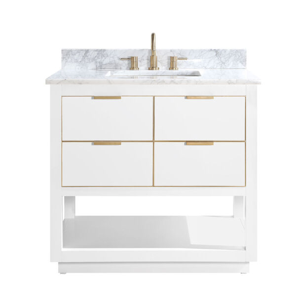 White 37-Inch Bath vanity with Gold Trim and Carrara White Marble Top, image 1